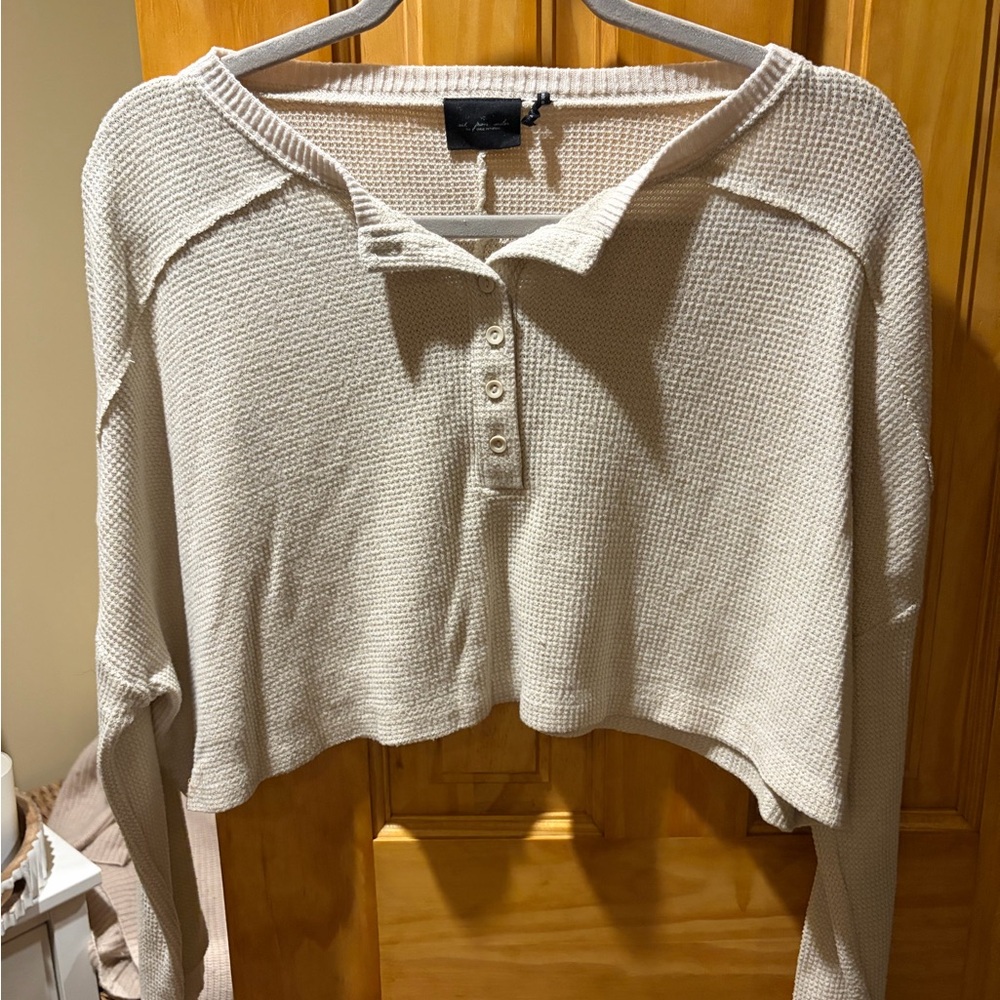Cream Cropped Waffle Knit Sweater